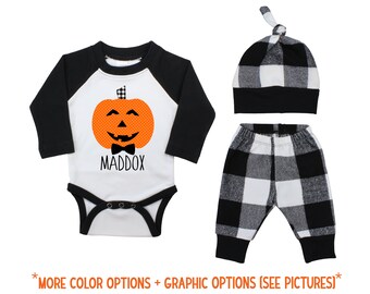 Boy Personalized Halloween Jack-o-Lantern Outfit Fall Baby Raglan Outfit Fall Pants Knot Hat Pumpkins Black White Plaid Baby Bodysuit Raglan