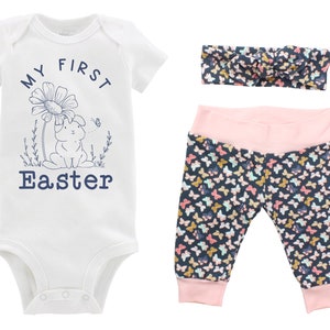 Girl My First Easter Outfit Butterfly Baby Bunny Easter Pink Purple Watercolor Butterfly Floral Bunny Yoga Pants Headband Cute Girly