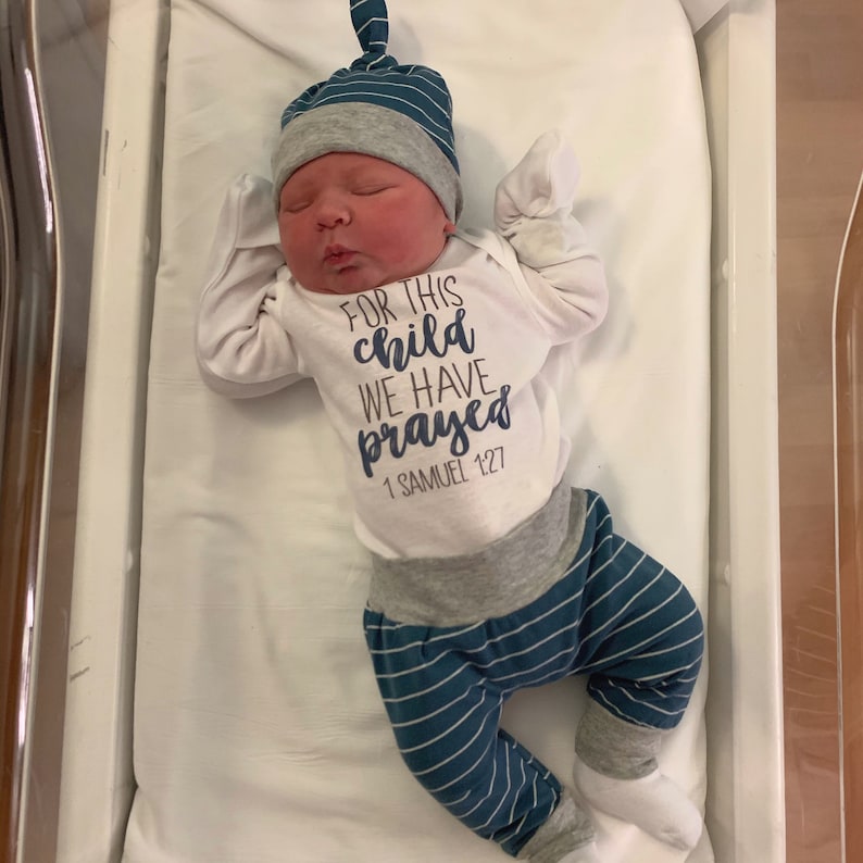 Boy For This Child We Have Prayed Going Home Outfit Yoga Pants Navy Gray Stripe Boy Coming Home Top Knot Hat Baby Shower Gift Newborn Baby