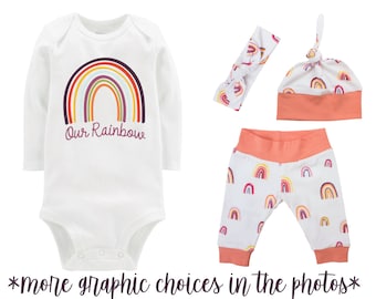 Our Rainbow Baby Girl Coming Home Outfit Personalized Watercolor Rainbow Yoga Leggings Knot Hat Headband Infertility Miscarriage Infant Loss