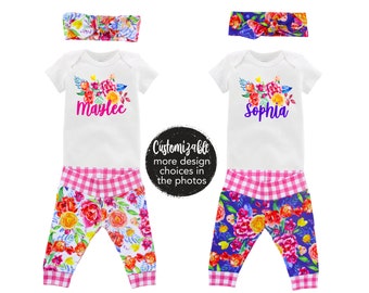 Personalized Name Summer Watercolor Floral Girl Going Coming Home Outfit Pink Just Joined Team Newborn Baby Infant Yoga Leggings Headband