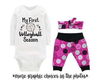 My First Volleyball Season Baby Going Coming Home Outfit Girl Pink Black Last Name Personalized Yoga Pants Headband Infant Newborn Blanket