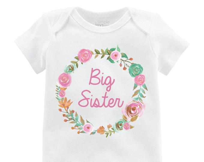 Big Sister Little Sister Shirt Mint Pink Gold Little Sister bodysuit Floral Big Sister Floral Wreath Little Sister Baby Sister Shirts