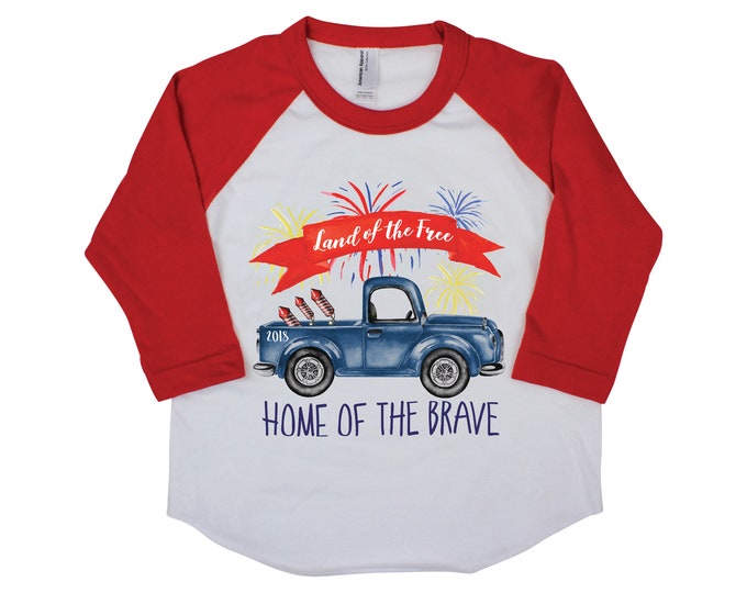 Boy Truck 4th of July Shirt Fireworks Land of the Free Home of the Brave Raglan T-Shirt 4th of July Old Blue Truck Boy Shirt