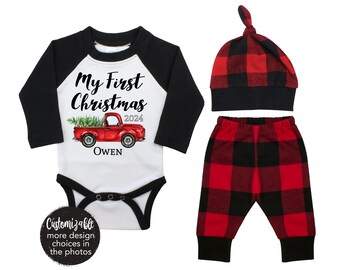 My First Christmas 2024 Red Truck Personalized Baby Outfit Boy Raglan Bodysuit Buffalo Check Red Black Pants Knot Hat HANDMADE in the USA