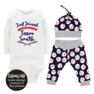 Boy Baseball Going Coming Home Outfit Newborn Just Joined Team Personalized Baby Outfit Yoga Pants Blue Gray Knot Hat Baby Gift Heading Home