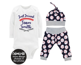 Boy Baseball Going Coming Home Outfit Newborn Just Joined Team Personalized Baby Outfit Yoga Pants Blue Gray Knot Hat Baby Gift Heading Home