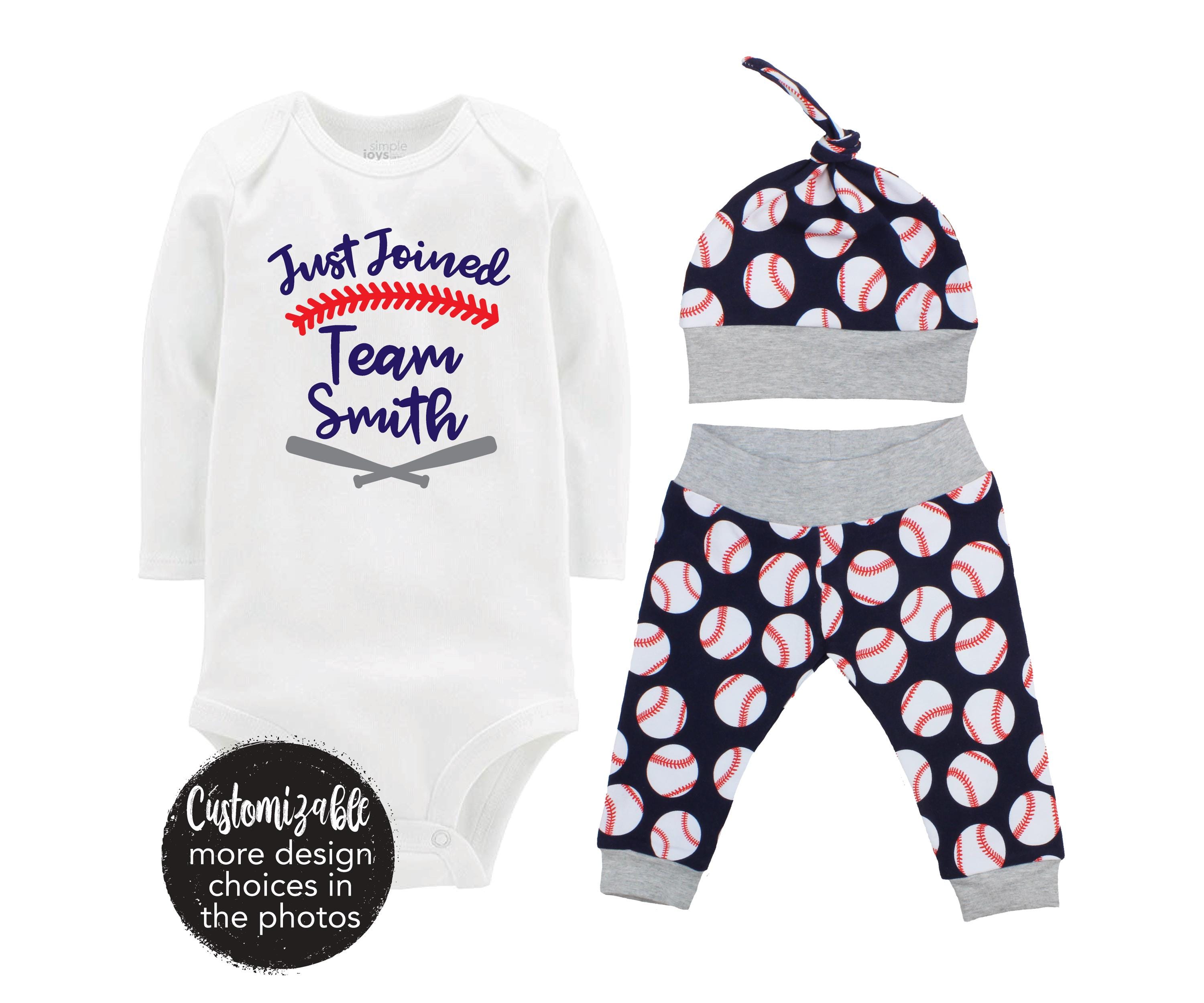 Boy Baseball Going Coming Home Outfit Newborn Just Joined Team Personalized Baby Outfit Yoga Pants Blue Gray Knot Hat Baby Gift Heading Home