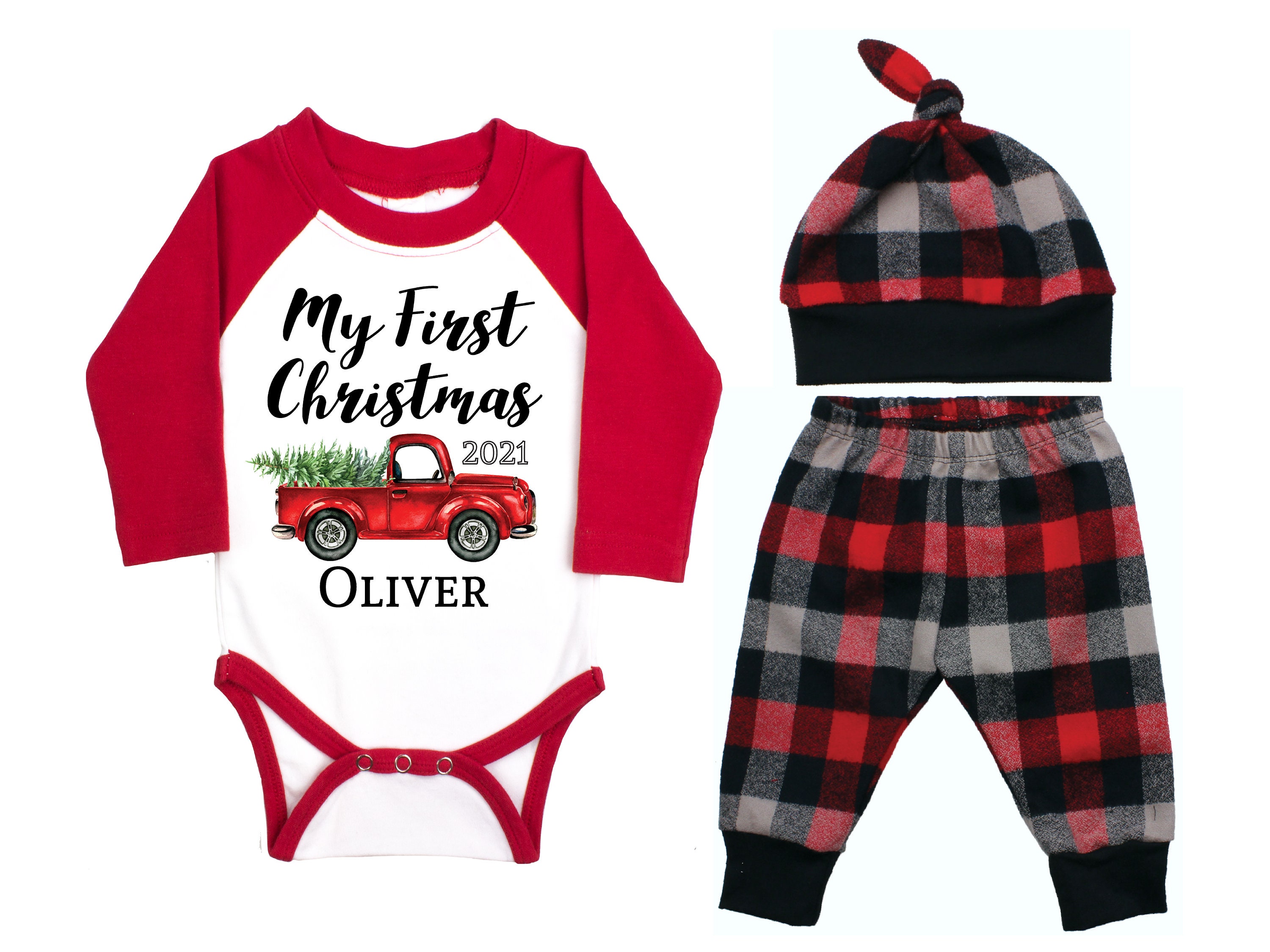 My First Christmas Forest Red Truck 2024 Personalized Outfit Winter Boy Raglan Outfit Christmas Tree Plaid Pants Knot Hat Gray Baby Raglan