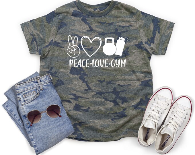 Peace Love Gym Camouflage Shirt Solid Vinyl Workout Shirt Camo Peace Love Gym Shirt Exercise Lover Tee Gym Lover Shirt Workout Camo Tee