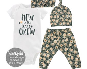 Saliegroene bloemen madeliefje meisje baby-outfit Going Home-outfit leggings knoop hoed hoofdband gepersonaliseerd Nieuw voor crew Net lid geworden van het team