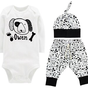 Boy Puppy Dog Outfit Personalized Outfit Dog Baby Bodysuit Top Knot Hat Puppy Paw Print Shirt Boy Tie Dye Puppy Unisex Pants Top Knot Hat