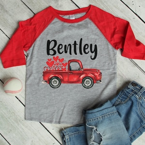 Boy Valentine&#39;s Day Shirt Vintage Red Truck Personalized Red Gray Raglan Old Red Truck Name Shirt Boy Toddler Baby Youth Shirt