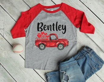 Boy Valentine's Day Shirt Vintage Red Truck Personalized Red Gray Raglan Old Red Truck Name Shirt Boy Toddler Baby Youth Shirt