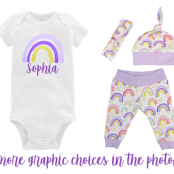 Our Rainbow Baby Girl Coming Home Outfit Personalized Watercolor Rainbow Yoga Leggings Knot Hat Headband Infertility Miscarriage Infant Loss