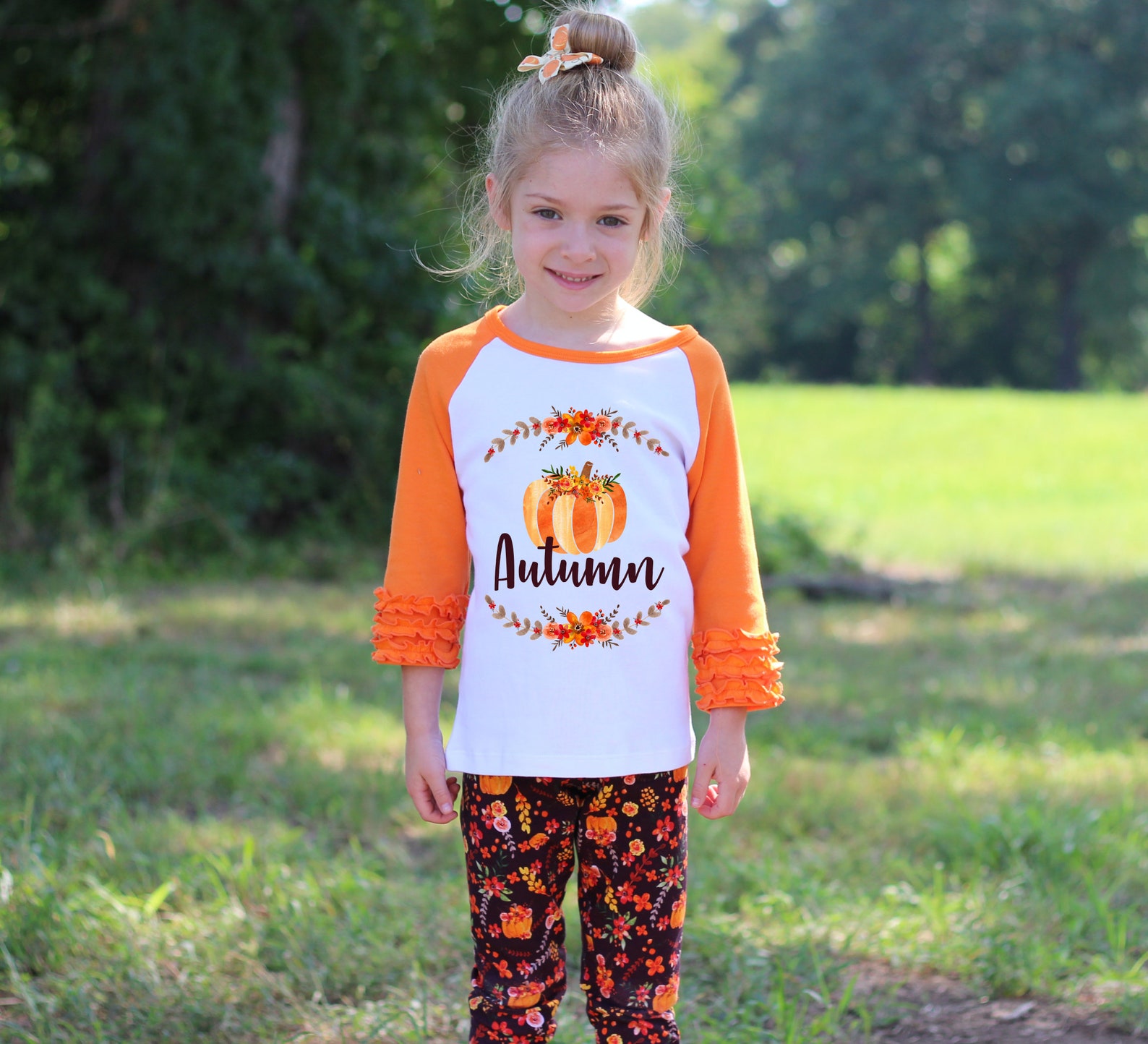 Fall Pumpkin Floral Leggings Girl Pumpkin Leggings Fall Floral Etsy