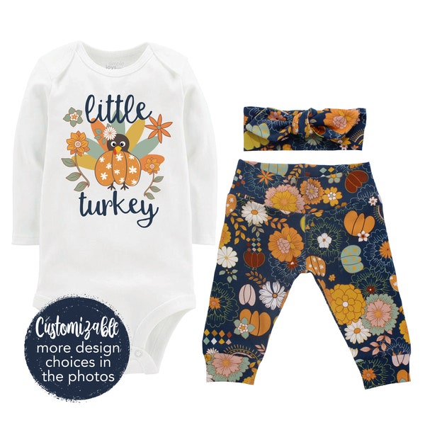My First Thanksgiving Baby Girl Outfit Fall Retro Boho Vintage Cutest Little Turkey Personalized Rainbow Yoga Pants Headband Halloween