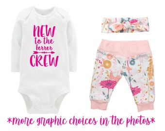 New to the Crew Personalized Newborn Going Coming Home Outfit Set Pink Floral Yoga Leggings Knot Headband Pink White Flower Infant Gift Set