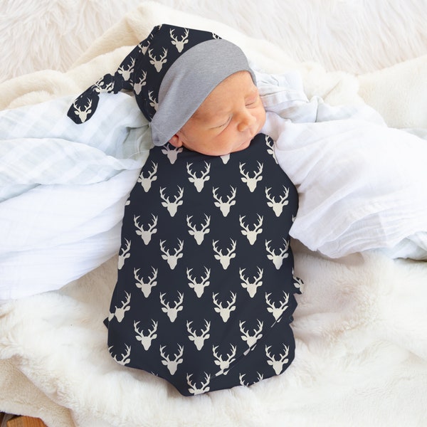 Navy Buck Deer Newborn Swaddle Set Boy Blanket Top Knot Hat Jersey Knit Infant Gift Set Baby Shower Deer Stag Boyish Navy Blue Gray