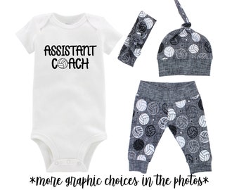 Volleyball Assistant Coach Baby Coming Home Outfit Girl or Boy Gray Yoga Leggings Knot Hat Headband Gift Set Volleyball Newest Member Team