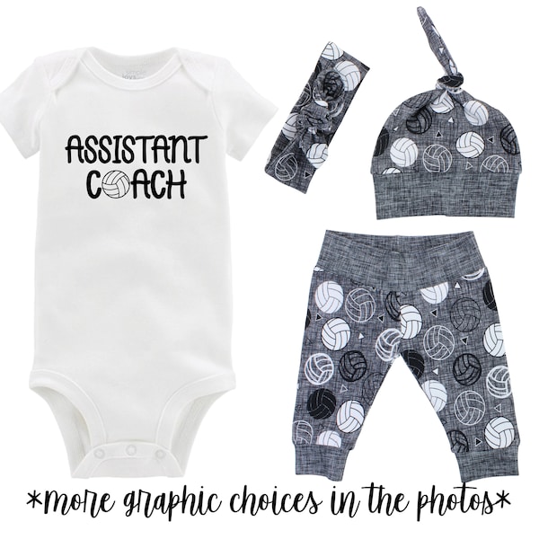 Volleyball Assistant Coach Baby Coming Home Outfit Girl or Boy Gray Yoga Leggings Knot Hat Headband Gift Set Volleyball Newest Member Team