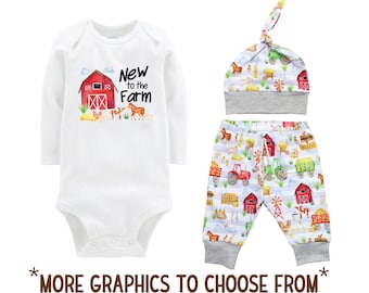 New to the Farm Outfit Boy Farming Bodysuit Pants Hat Blanket Barn Baby Coming Home Outfit Future Farmer New to the Farm Outfit