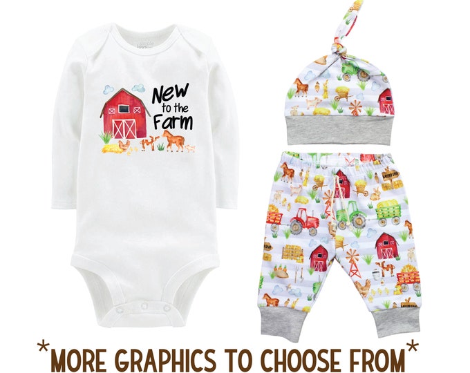 New to the Farm Outfit Boy Farming Onesie Pants Hat Blanket Barn Baby Coming Home Outfit Future Farmer New to the Farm Outfit