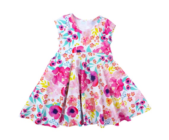 Tropische zomer twirly jurk aquarel bloemen lente paasjurk peuterjurk meisjesjurk roze geel aqua twirl jurk korte mouw gebreid Etsy Belgie