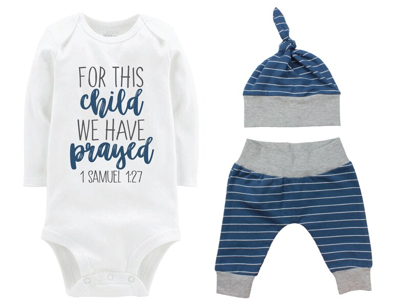Boy For This Child We Have Prayed Going Home Outfit Yoga Pants Navy Gray Stripe Boy Coming Home Top Knot Hat Baby Shower Gift Newborn Baby