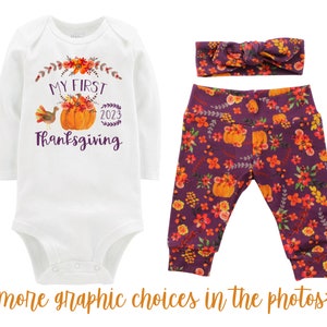 Girl First Thanksgiving Fall Pumpkin Outfit Mauve Watercolor Floral Turkey Yoga Leggings Headband Infant Outfit Mauve Writing
