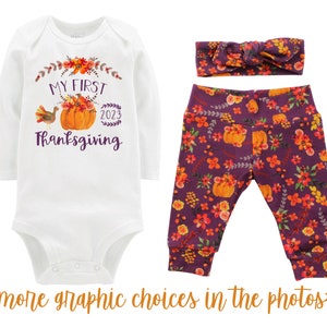 Girl First Thanksgiving Fall Pumpkin Outfit 2024 Mauve Watercolor Floral Turkey Yoga Leggings Headband Infant Outfit Mauve Writing