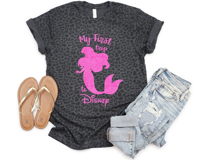 My First Trip to Disney Ariel Gray Leopard Shirt Pink Glitter Vinyl Ariel Toddler Youth Adult Ariel Disney Shirt Disney World Girl Tee