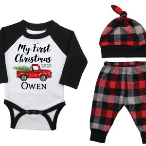 My First Christmas 2023 Forest Red Truck Personalized Outfit Winter Boy Raglan Outfit Christmas Tree Plaid Pants Knot Hat Black Baby Raglan