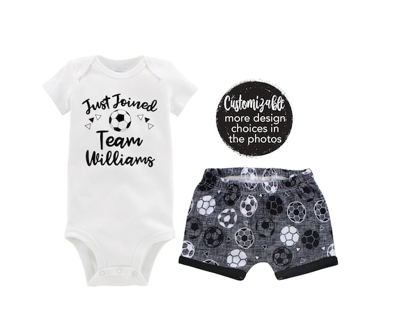 Boy Soccer Shorts Baby Outfit Going Coming Home Outfit Just Joined Team Personalized Baby Outfit White Black Gray Soccer Football Boy Baby