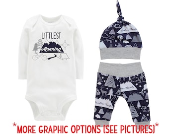 Littlest Last Name Going Home Set Adventure Awaits Mountain Navy Gray Bodysuit Infant Gift Set Monogram Boy Coming Home Outfit Trees Tent