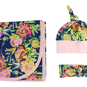 Teal Floral Newborn Swaddle Set Swaddle Blanket Top Knot Hat Knot Headband Pink Floral Jersey Swaddle Baby Blanket Binding