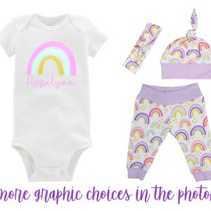 Our Rainbow Baby Girl Coming Home Outfit Personalized Watercolor Rainbow Yoga Leggings Knot Hat Headband Infertility Miscarriage Infant Loss