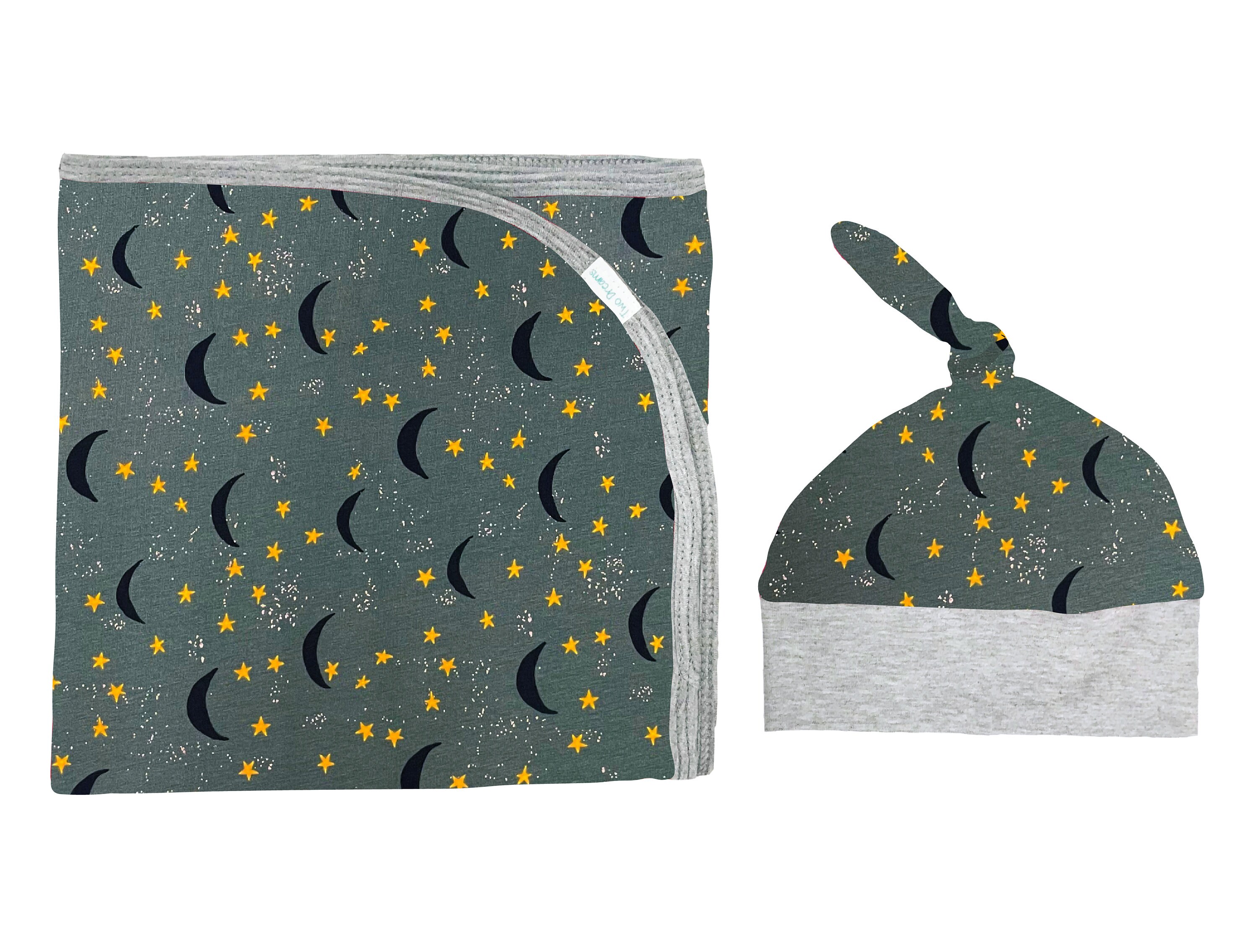 Soft Green Moons Stars Space Newborn Swaddle Set Boy Blanket Top Knot