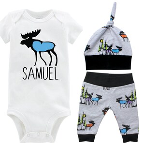 Personalized Moose Boy Coming Home Set Black Gray Bodysuit Infant Gift Set Boy Going Home Outfit Moose Outdoor Baby Shower Gift