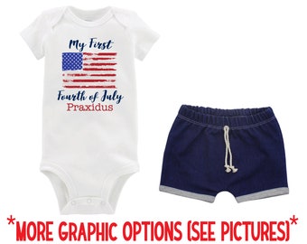 Boy My First Fourth of July Outfit Personalized Outfit Baby Bodysuit Summer 4th of July Shirt Bodysuit Boy Red Blue Flag Unisex Shorts