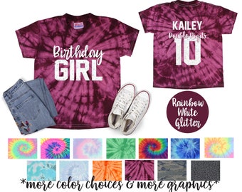 Birthday Girl Neon Rainbow Double Digits Personalized Tie Dye Shirt Galaxy Bright Black Ten Tenth Birthday Party Shirt Girl Birthday Shirt