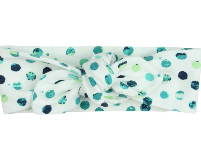 Green and Blue Polka Dot Knotted Baby Headband Adult Headwrap Adult Headband Jersey Knot Baby Headband Toddler Headband Aqua Polka Dot Bow
