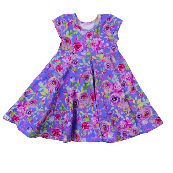 Purple Summer Twirly Dress Watercolor Floral Spring Easter Dress Toddler Dress Girl Dress Pink Purple Green Twirl Dress Short Sleeve Knit