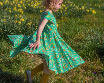 Green Summer Twirly Dress Flowers Floral Spring Easter Dress Toddler Dress Girl Dress Pink Green Twirl Dress Short Sleeve Knit