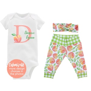 Custom Initial Peach Green Gingham Baby Girl Outfit Peachy Sweet One Outfit Fall Baby Peach Crew Outfit Yoga Pants Headband Infant Newborn