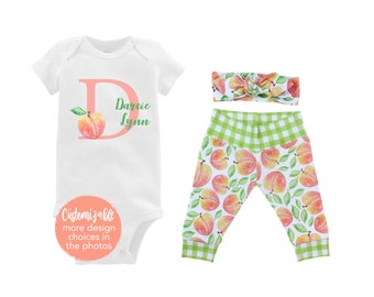 Custom Initial Peach Green Gingham Baby Girl Outfit Peachy Sweet One Outfit Fall Baby Peach Crew Outfit Yoga Pants Headband Infant Newborn