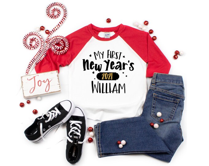 My First New Year's 2023 Personalized Red Black Raglan Baby Toddler Youth Unisex Happy New Year Gold Sparkle Shirt Boy Red Raglan