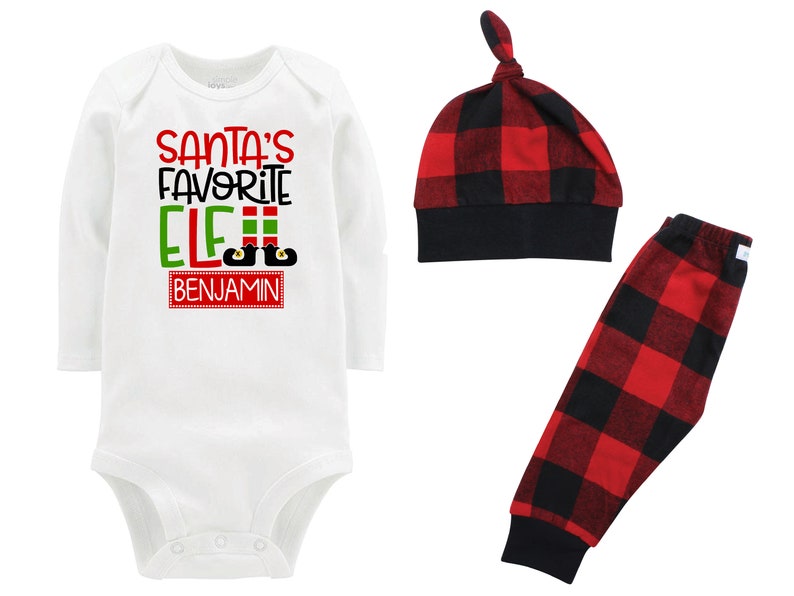 Santa/'s Favorite Elf Personalized Christmas Outfit Boy Christmas Bodysuit Red Black Buffalo Flannel Pants Winter Boy Red Black Buffalo Plaid
