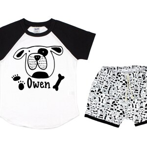 Boy Puppy Dog Raglan Shirt Personalized Outfit Dog Baby Toddler Birthday Party Puppy Paw Print Shirt Boy Dog Puppy Black Unisex T-Shirt