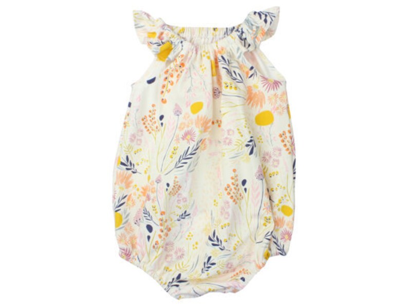 May include: A white baby onesie with a floral print in shades of pink, yellow, and blue. The onesie has ruffled sleeves and a gathered neckline.